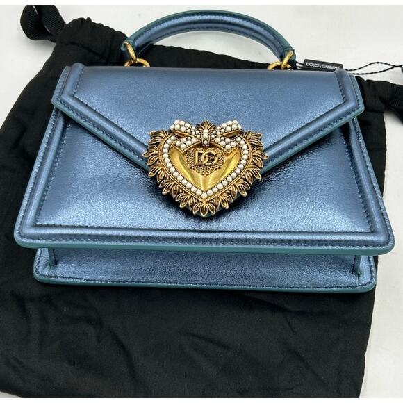 Dolce&Gabbana small devotion, top handle Bag in metallic blue made in Italy - Picture 10 of 12